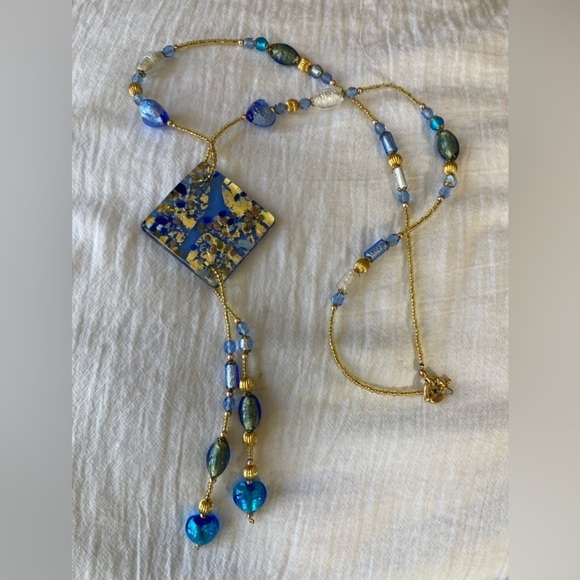 Jewelry - Foiled Glass and Heart Glass Beads Tassels Pendant Necklace